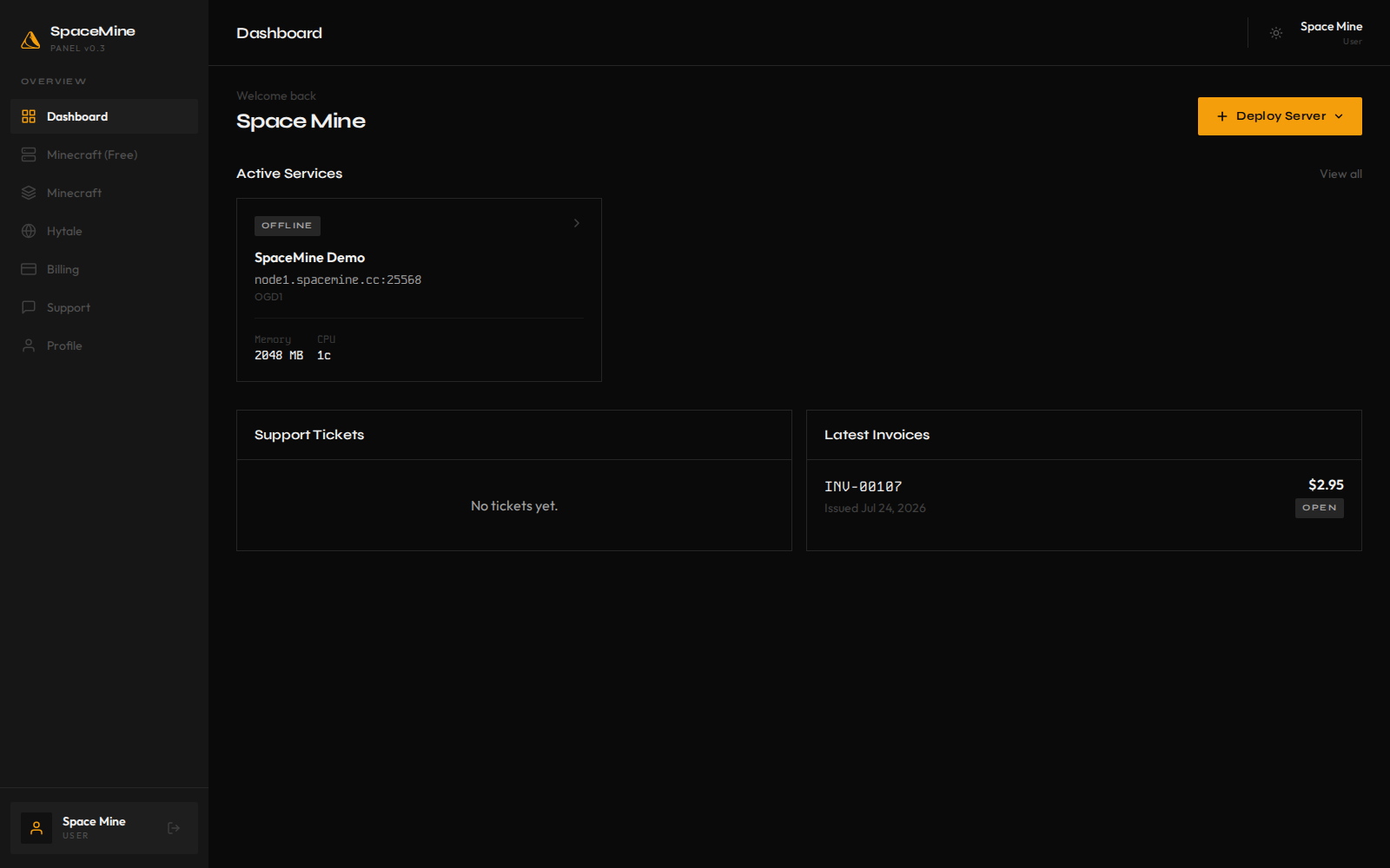 SpaceMine dashboard showing services and deploy shortcut