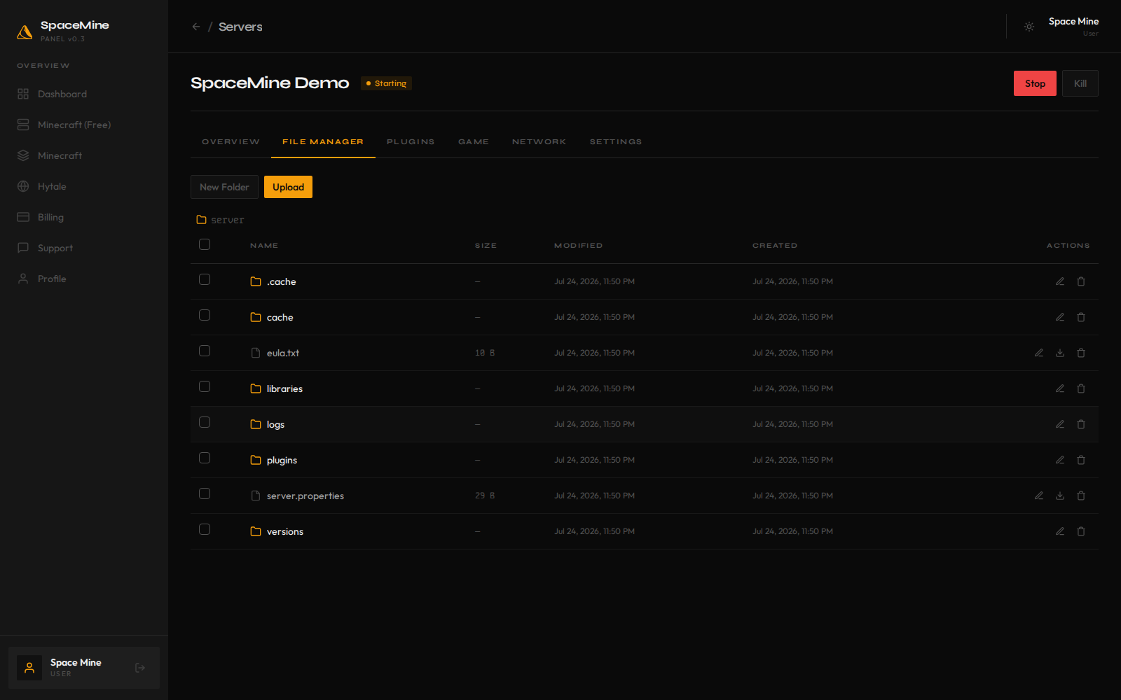 SpaceMine file manager showing server directory