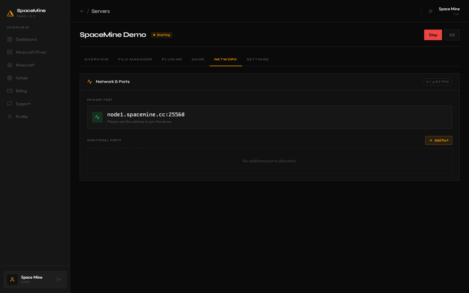 SpaceMine network and ports page