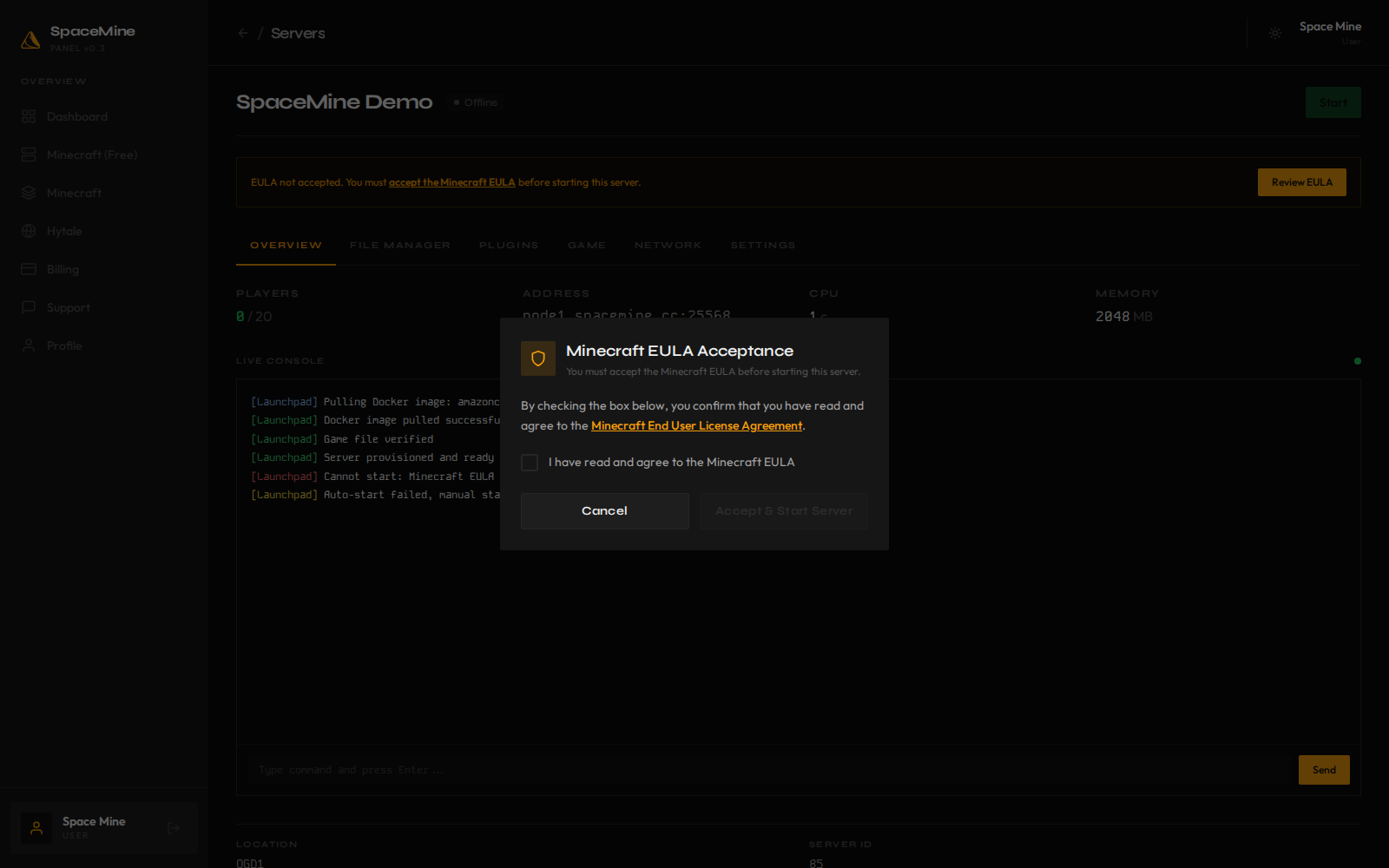 SpaceMine server overview with start, stop, and console controls