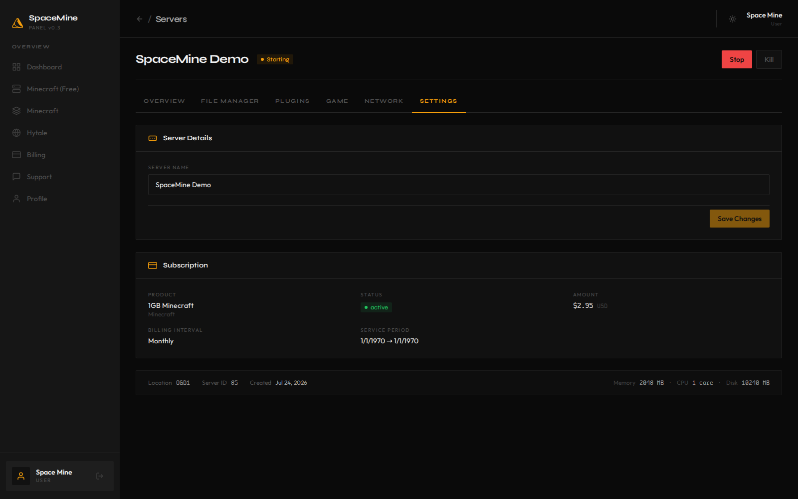 SpaceMine server settings page