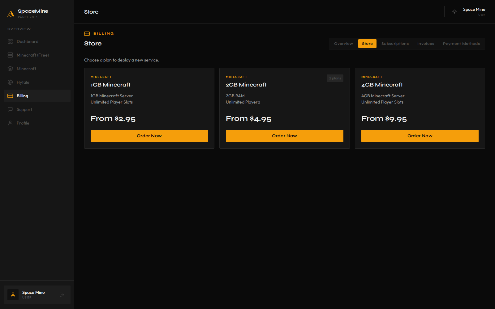 SpaceMine billing store with Minecraft server plans